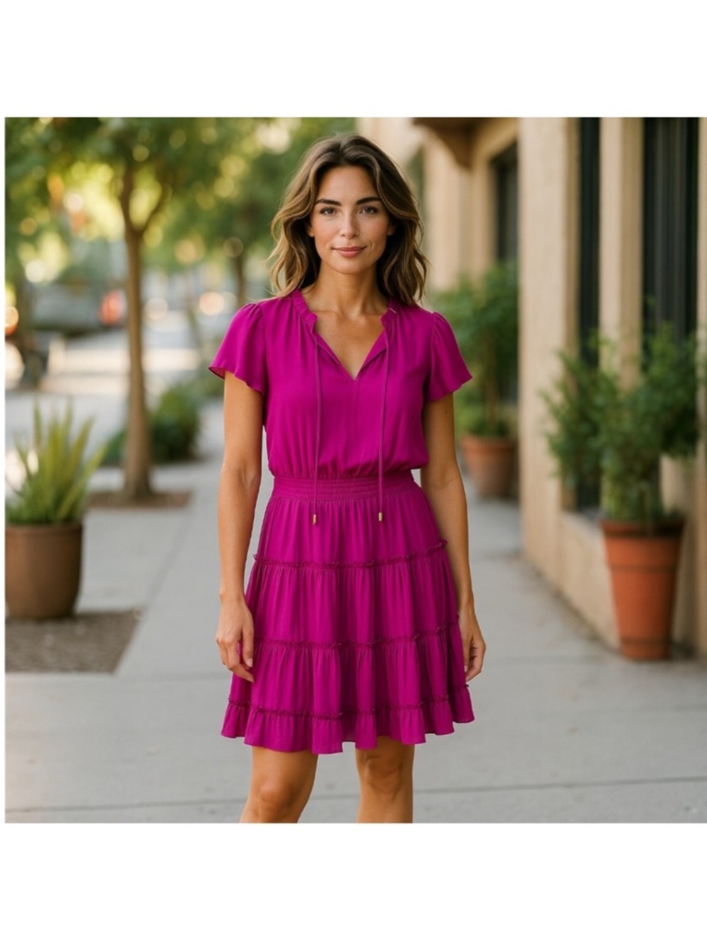💕🩷Skies Are Blue Ulyana Magenta Tiered Short-Sleeve Tiered Mini Dress Size M💕🩷